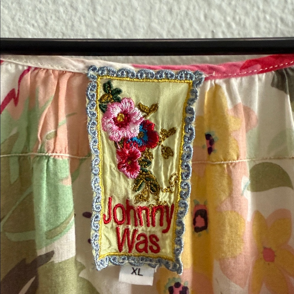 Johnny Was Floral Peasant Blouse in Pink, Yellow, Green, Navy, White - Picture 5 of 7